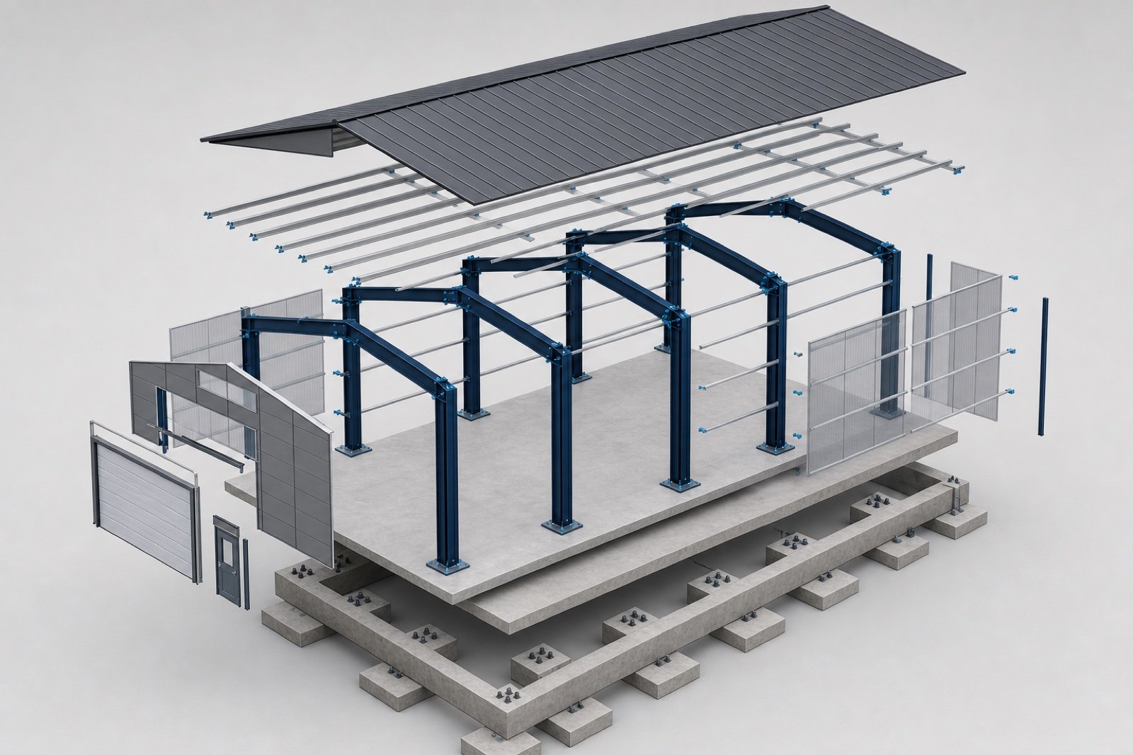 Exploded view of a parametric steel building