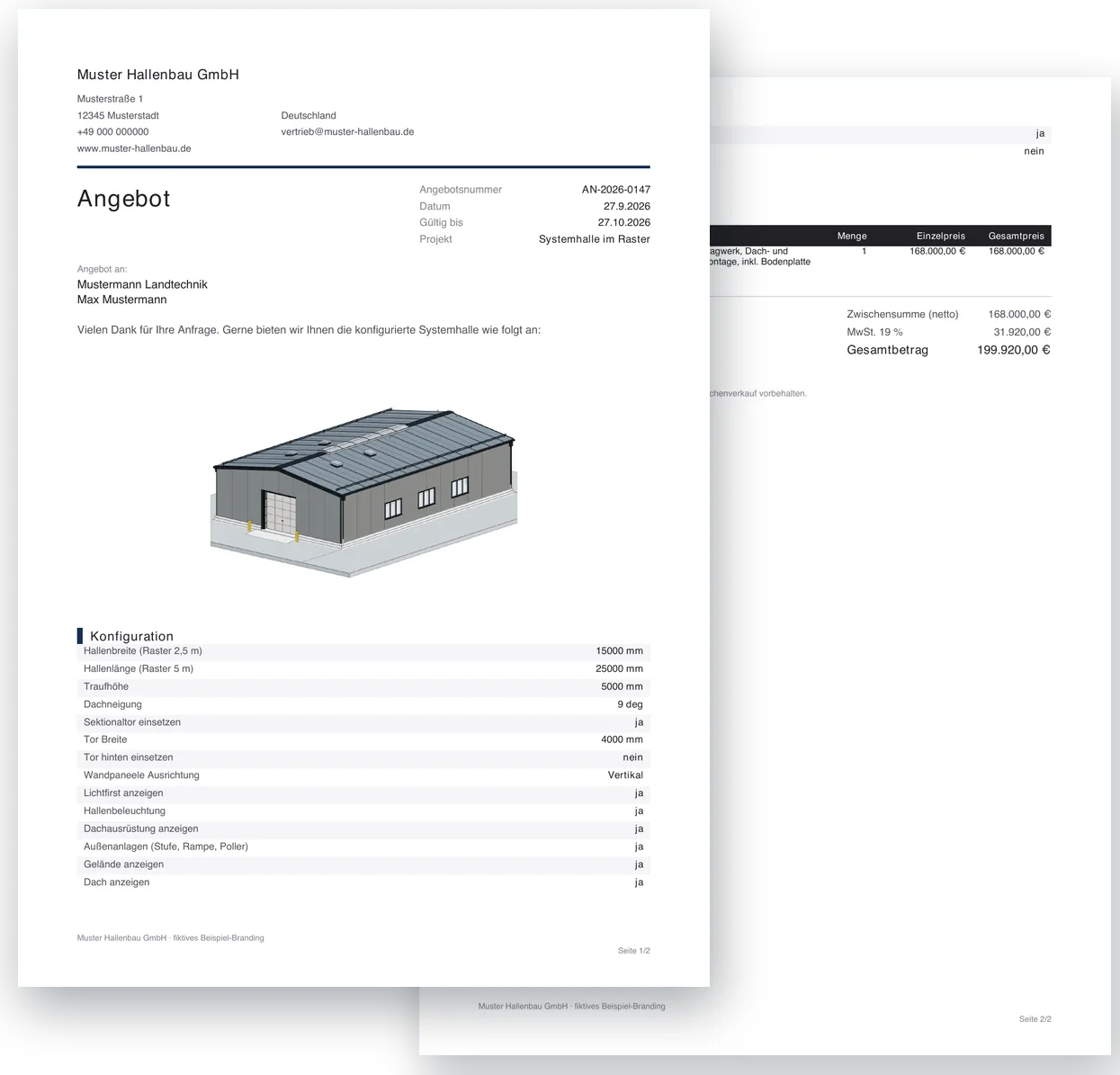 Two-page quotation PDF of the system building with letterhead, view, configuration, item and total