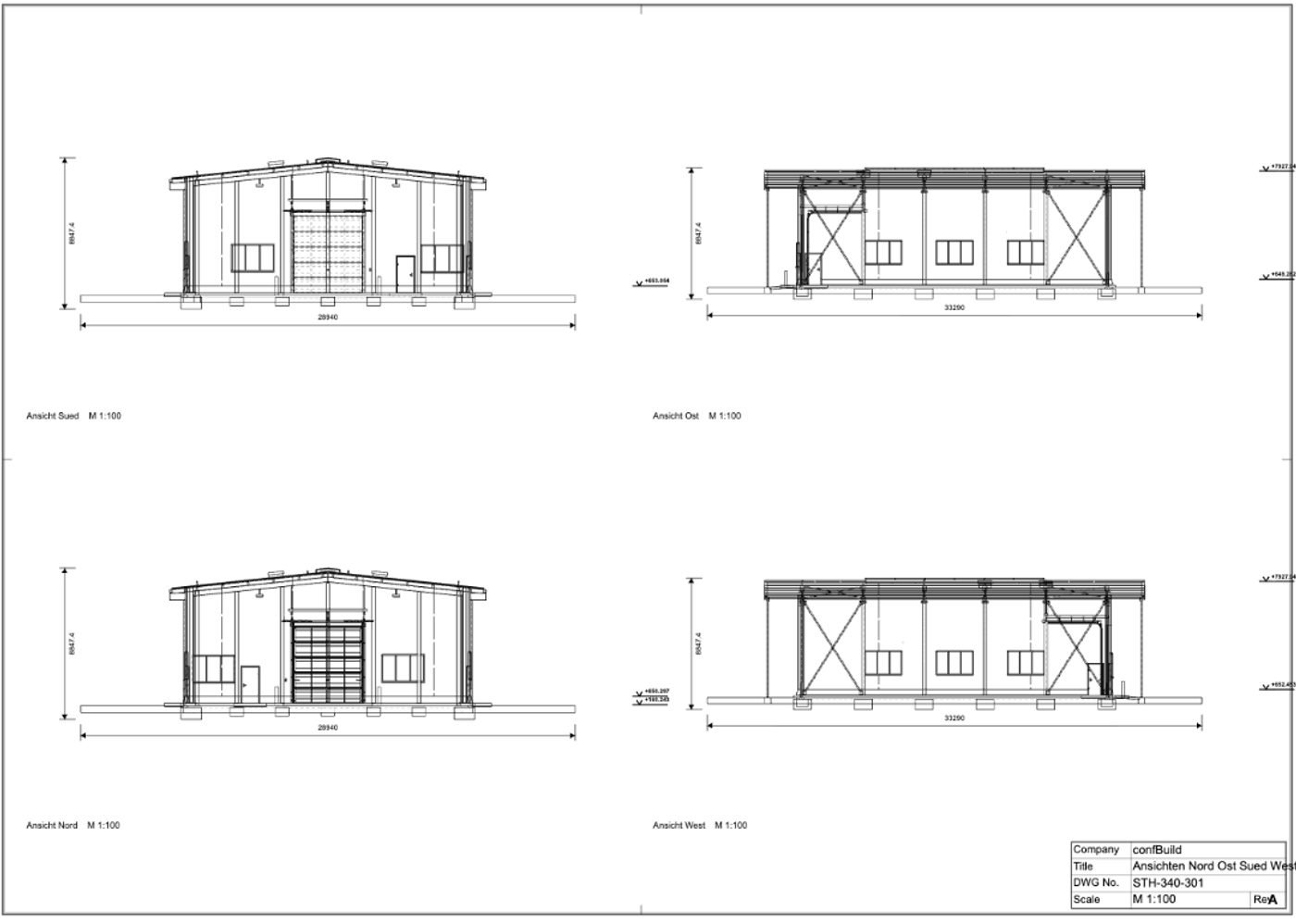 Derived drawing: four dimensioned elevations of a steel building at 1:100 with title block