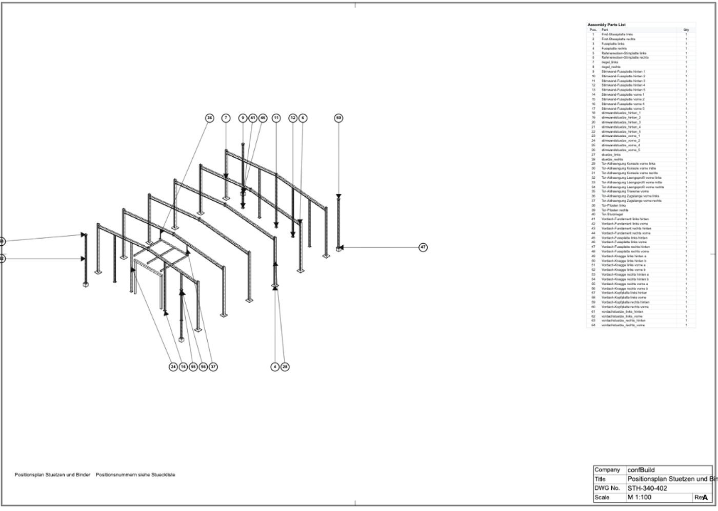 Derived drawing: position plan of columns and frames with item numbers and parts list