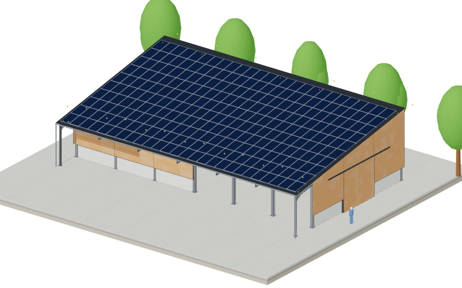 Machinery building 15 × 30 m with PV mono-pitch roof, canopy and three open bays