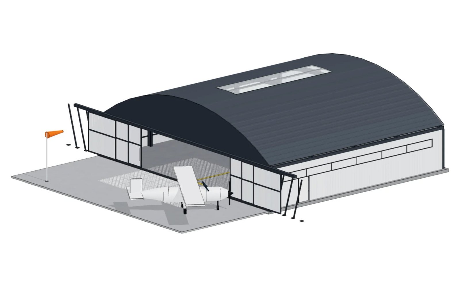 Arched hangar with open telescopic door, apron and aircraft