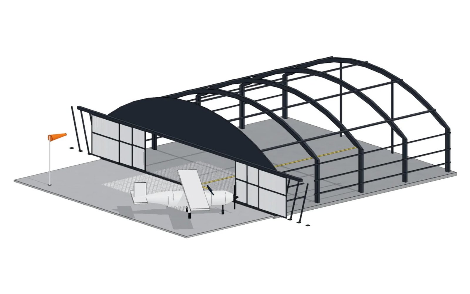 Arch frames, purlins and wall bracing of the hangar without cladding