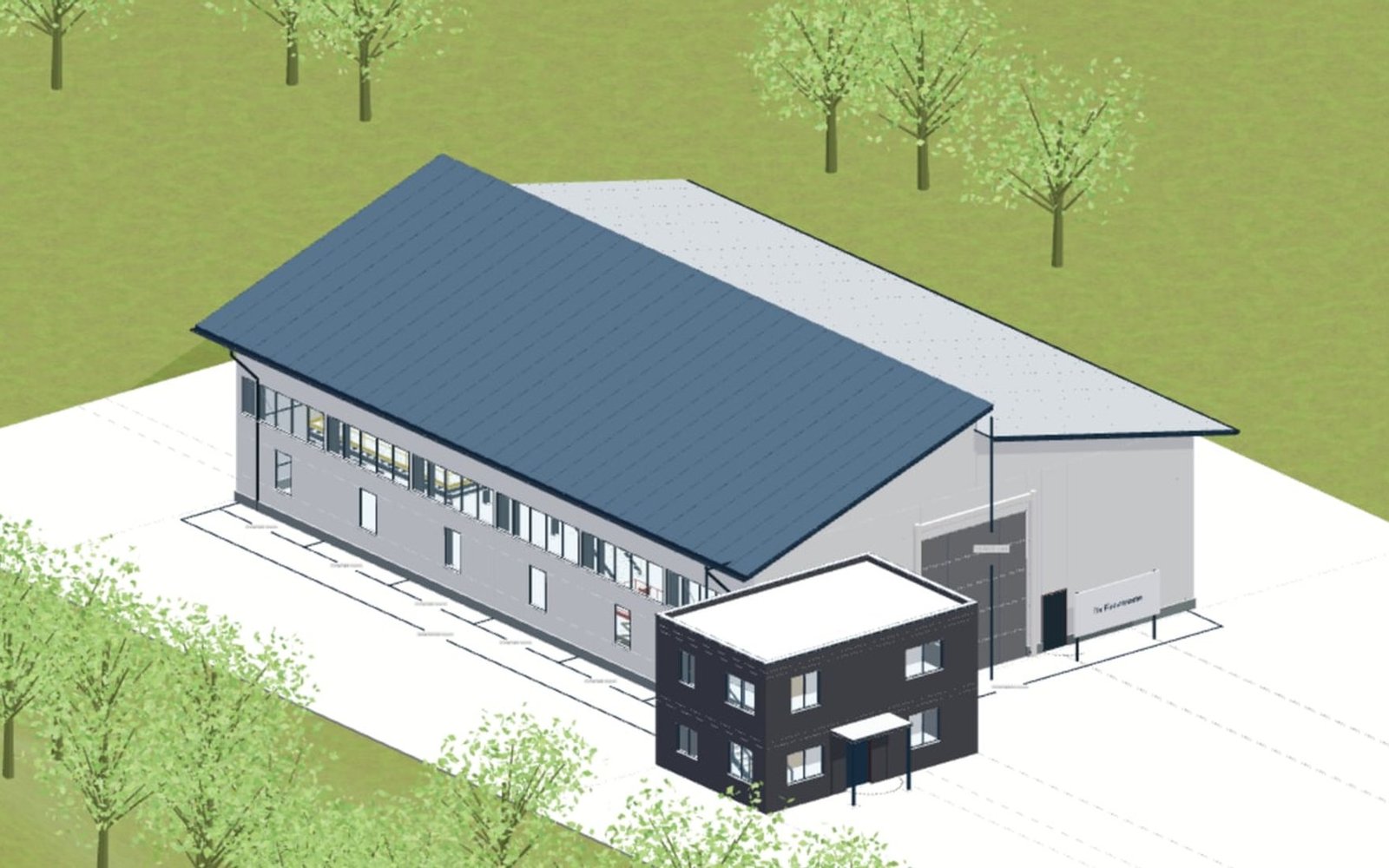 Steel building with envelope, office building and external works
