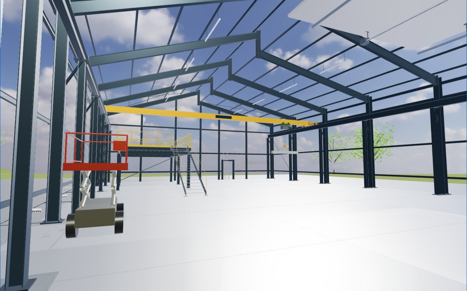 Interior view with the bridge crane under the ridge light band