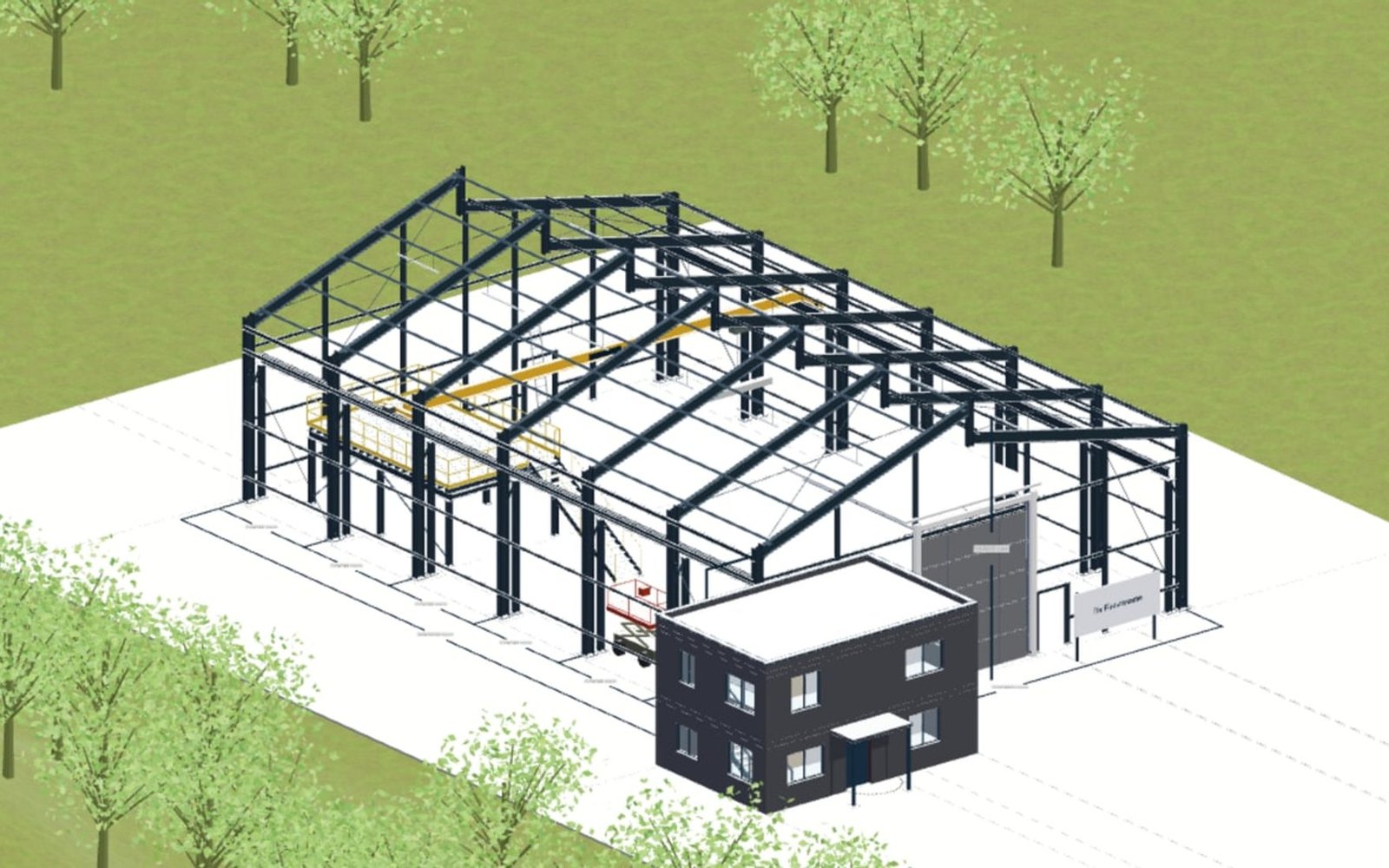 Structure with plate girders, purlins and bridge crane