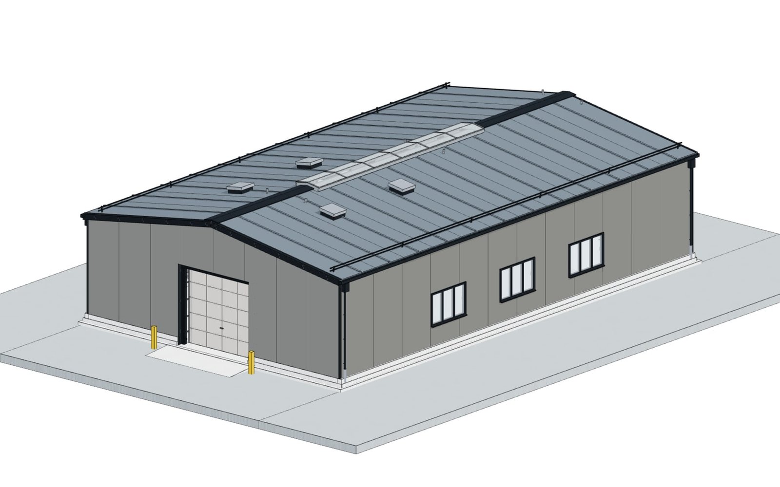 System building 15 × 25 m with sectional door, window bays and ridge skylight