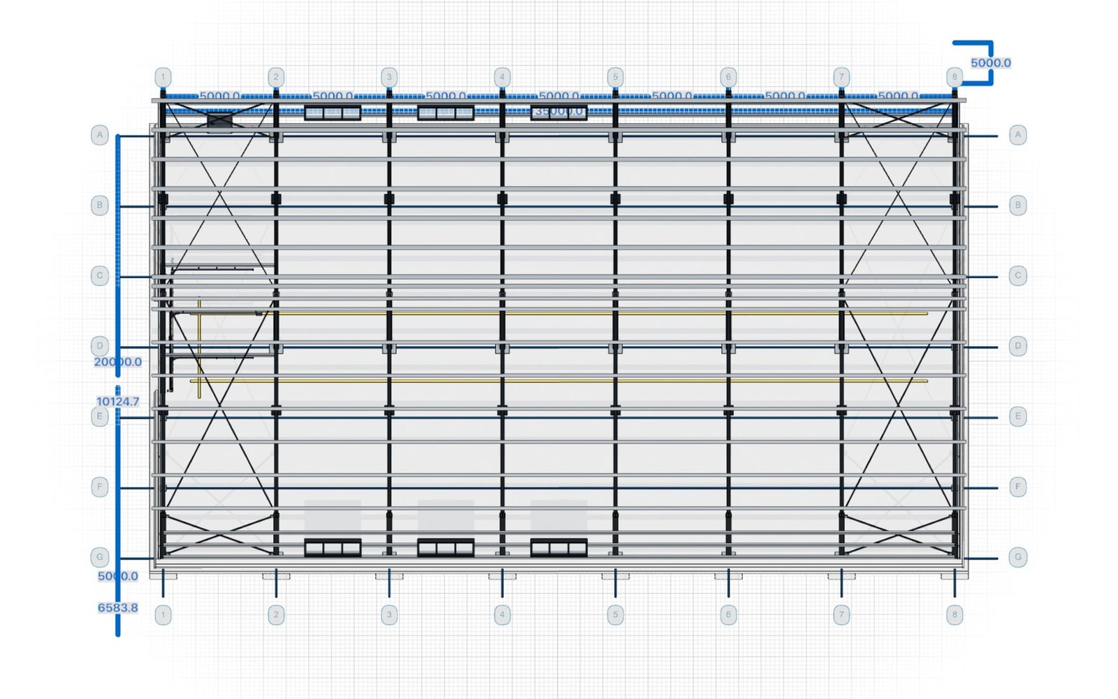 Plan view of the structure with grid axes and dimensions