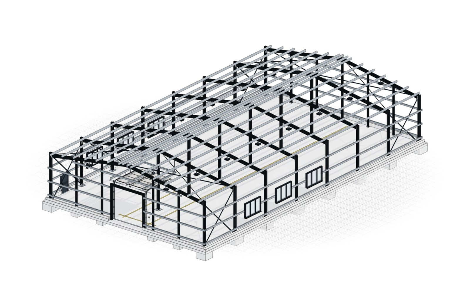 Largest grid variant 20 × 35 m as bare structure with eight frames and centre columns