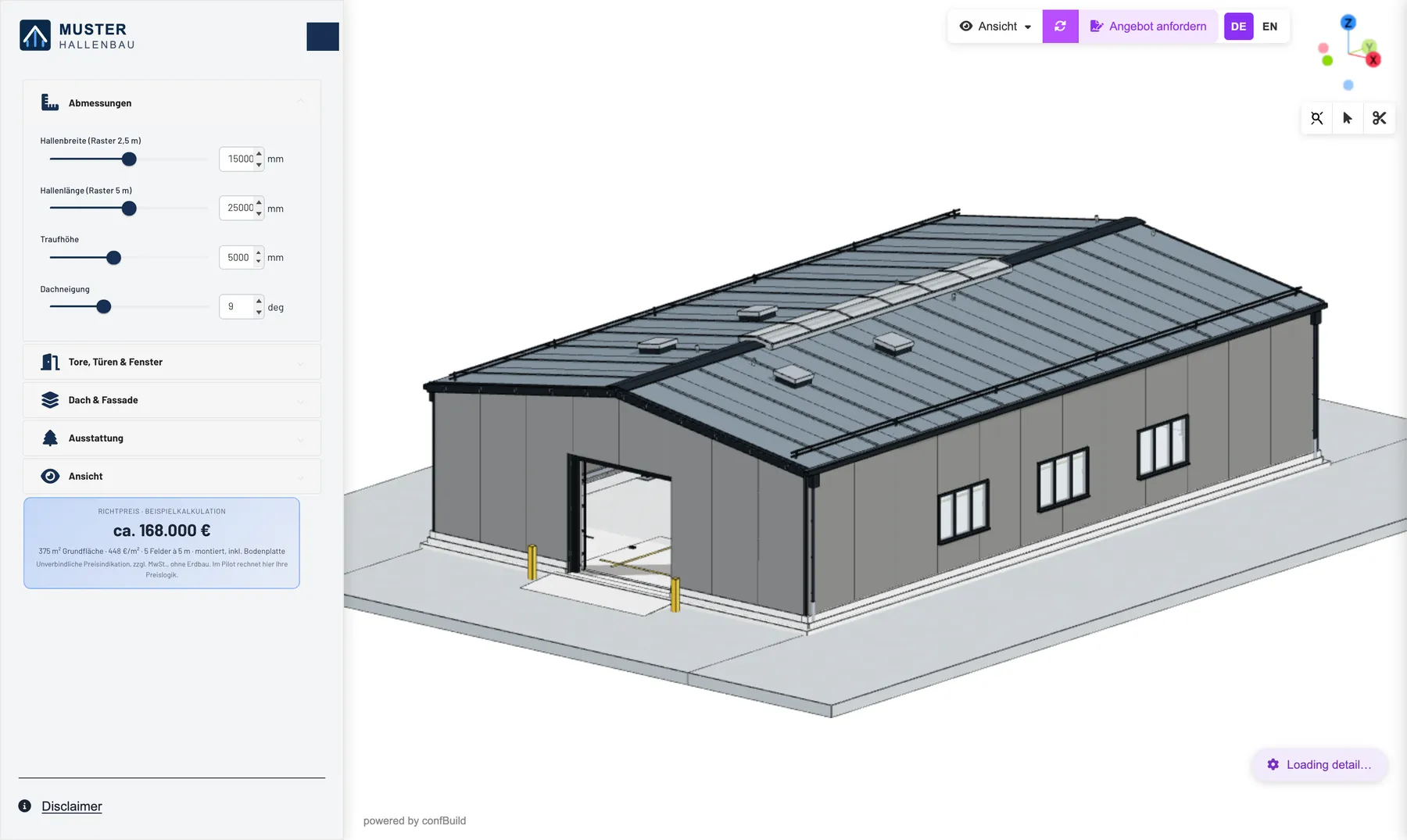 Real screenshot: system building in embed mode with manufacturer logo, parameters and enquiry button